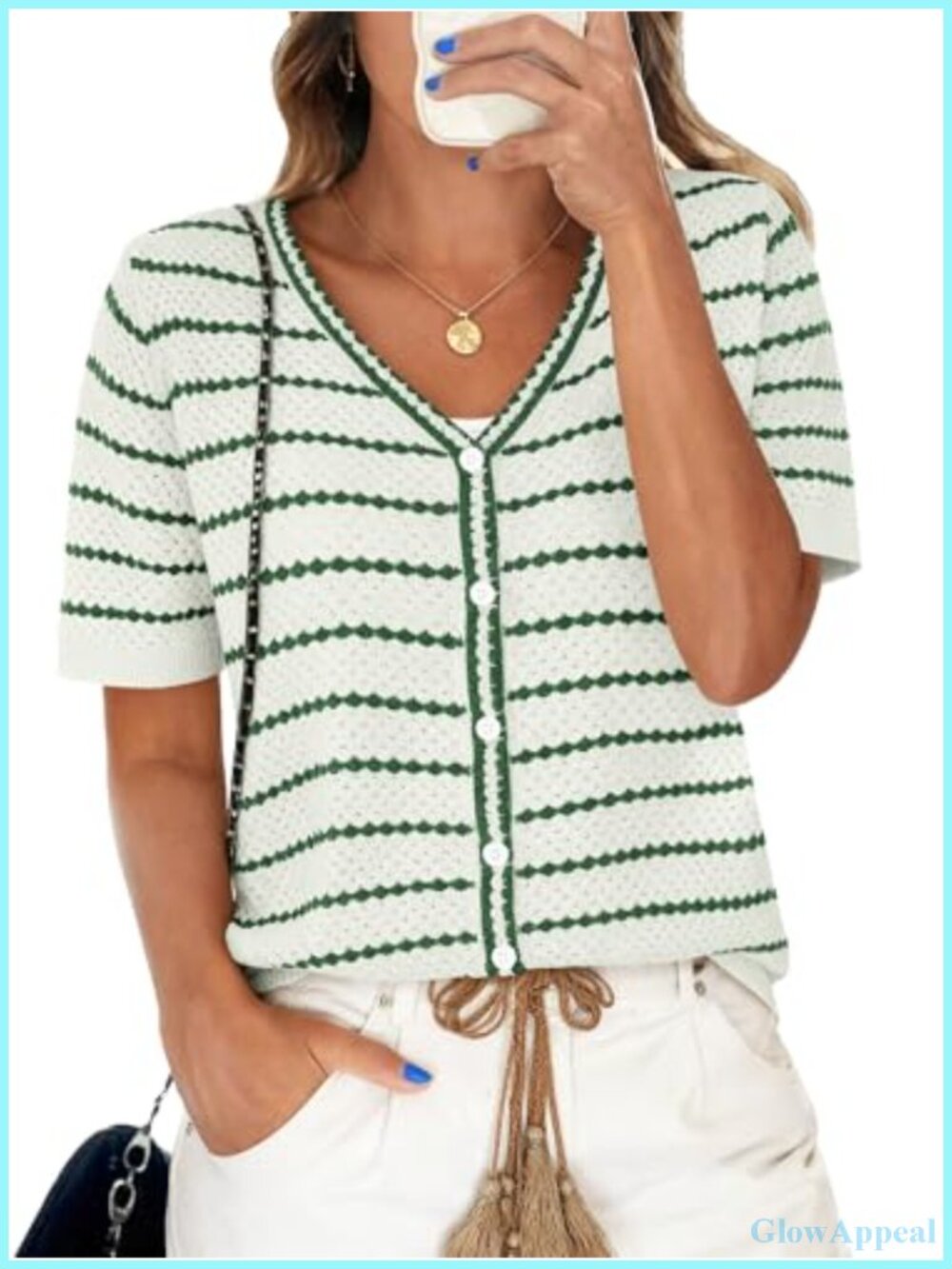 Women Crochet Cardigan V Neck Short Sleeve Striped Knit Summer Sweater